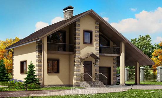 150-003-П Проект двухэтажного дома мансардный этаж, гараж, скромный коттедж из блока Северск | Проекты домов от House Expert