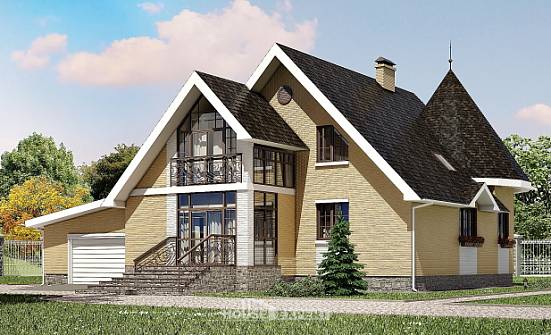 250-001-Л Проект двухэтажного дома мансардный этаж и гаражом, уютный дом из газобетона Колпашево | Проекты домов от House Expert
