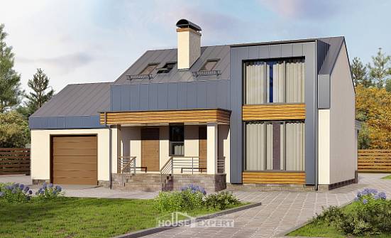150-015-П Проект двухэтажного дома с мансардой и гаражом, простой загородный дом из газосиликатных блоков Колпашево | Проекты домов от House Expert