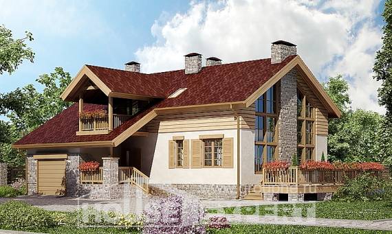 165-002-П Проект двухэтажного дома с мансардой, гараж, бюджетный коттедж из поризованных блоков Асино, House Expert